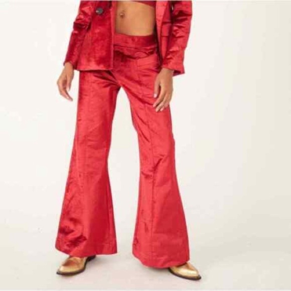 Free People Walk With You Velvet High Rise Trousers in Cherry Juice Size 14 - Picture 2 of 14